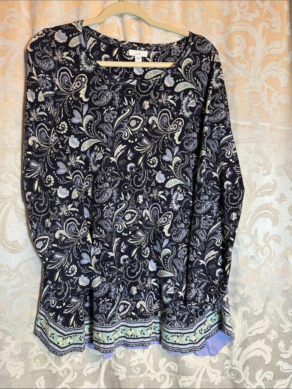 J. Jill Navy Paisley Long Sleeve Tunic Tee with Light Blue Accents